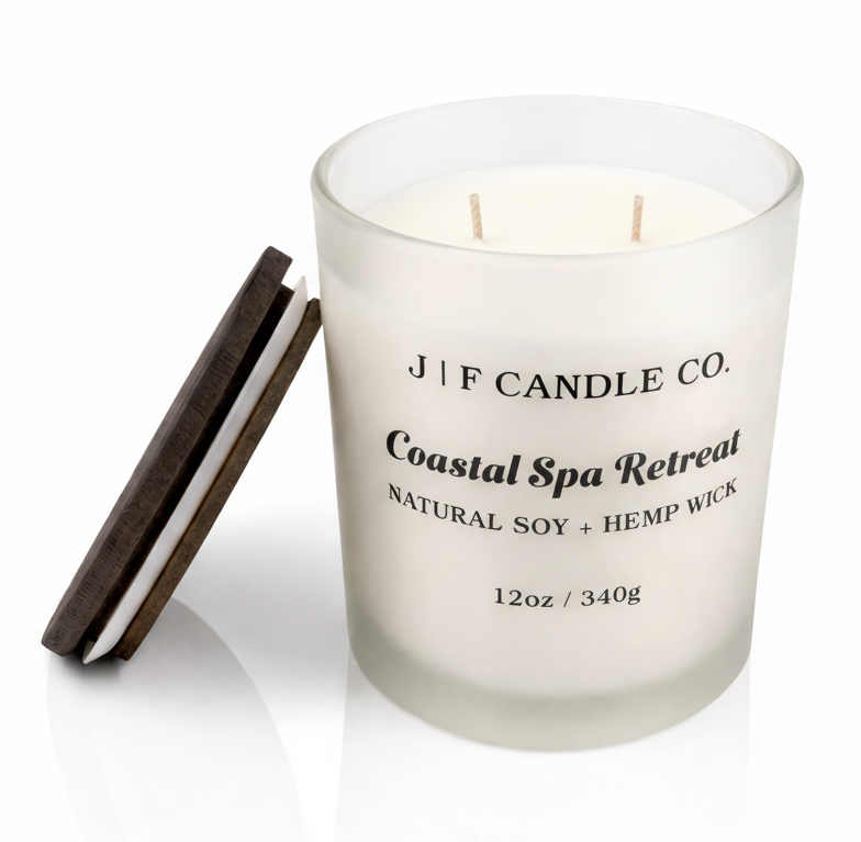 Frosted candle with wooden lid labeled 'J/F Candle Co. Coastal Spa Retreat' on a white background