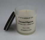 Candle with a brown wooden lid labeled 'J F Candle Co. Caramel Popcorn
