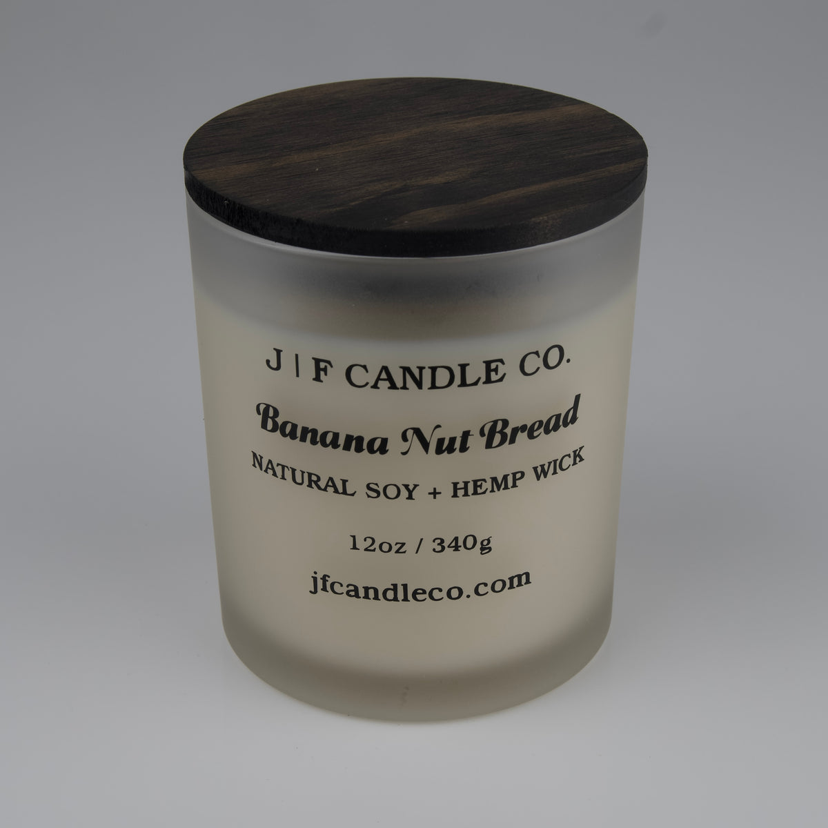 JF Candle Co. Banana Nut Bread candle 12oz, soy wax and hemp wick, frosted glass jar with wooden lid