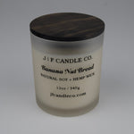 JF Candle Co. Banana Nut Bread candle 12oz, soy wax and hemp wick, frosted glass jar with wooden lid