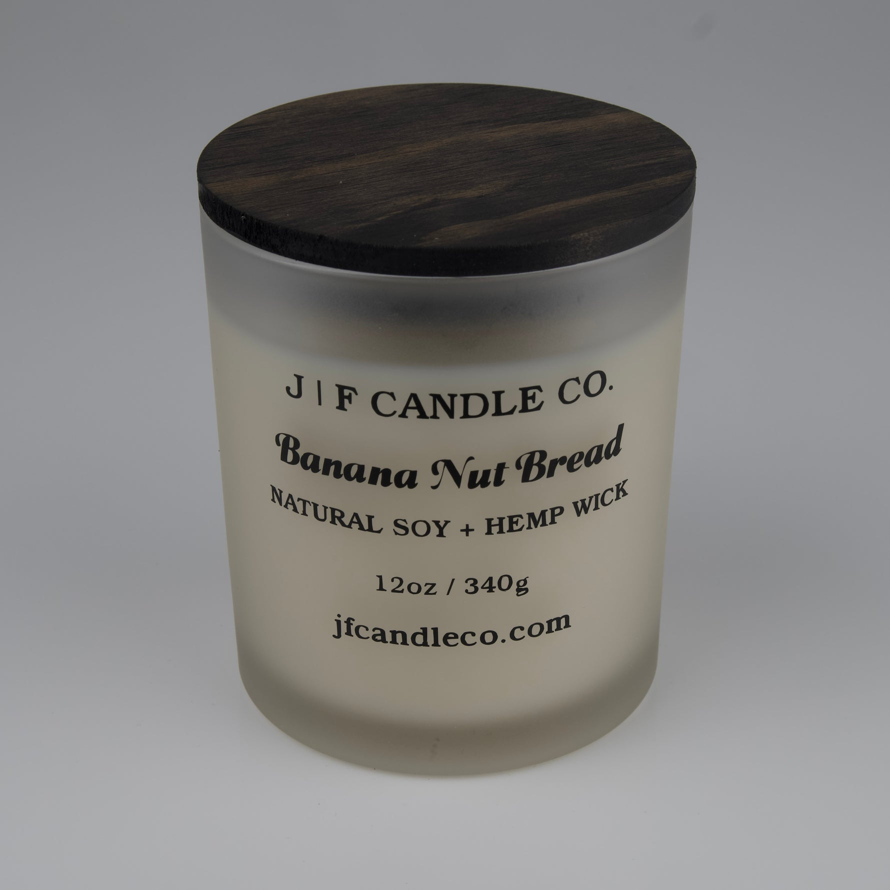 JF Candle Co. Banana Nut Bread candle 12oz, soy wax and hemp wick, frosted glass jar with wooden lid