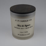 JF Candle Co. Aloe and Agave candle 12oz, soy wax and single hemp wick, frosted glass jar with wooden lid