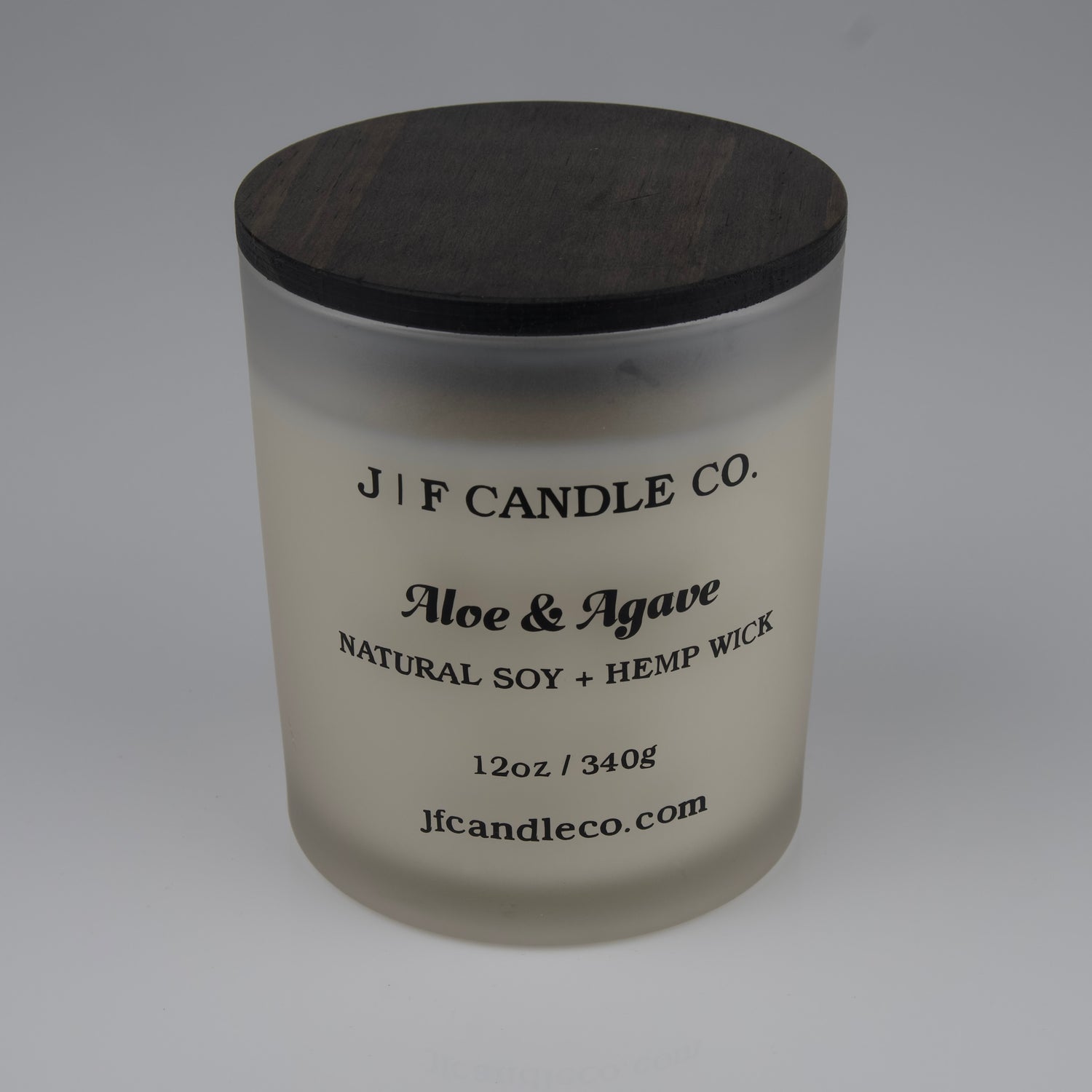 JF Candle Co. Aloe and Agave candle 12oz, soy wax and single hemp wick, frosted glass jar with wooden lid