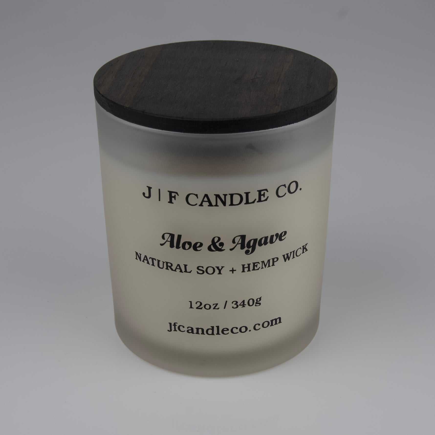 JF Candle Co. Aloe and Agave candle 12oz, soy wax and single hemp wick, frosted glass jar with wooden lid