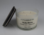 16oz Frosted candle jar with wooden lid jar labeled 'J/F Candle Co. Aruba Shores'