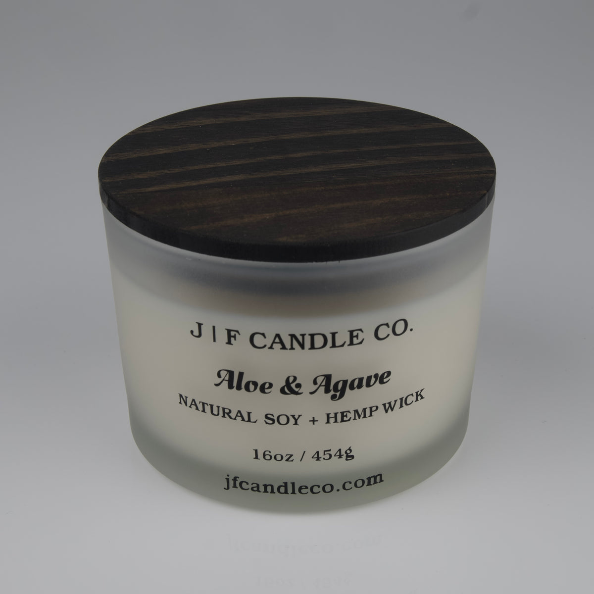JF Candle Co. Aloe and agave candle 16oz, soy wax and 3 hemp wicks, frosted glass jar with wooden lid