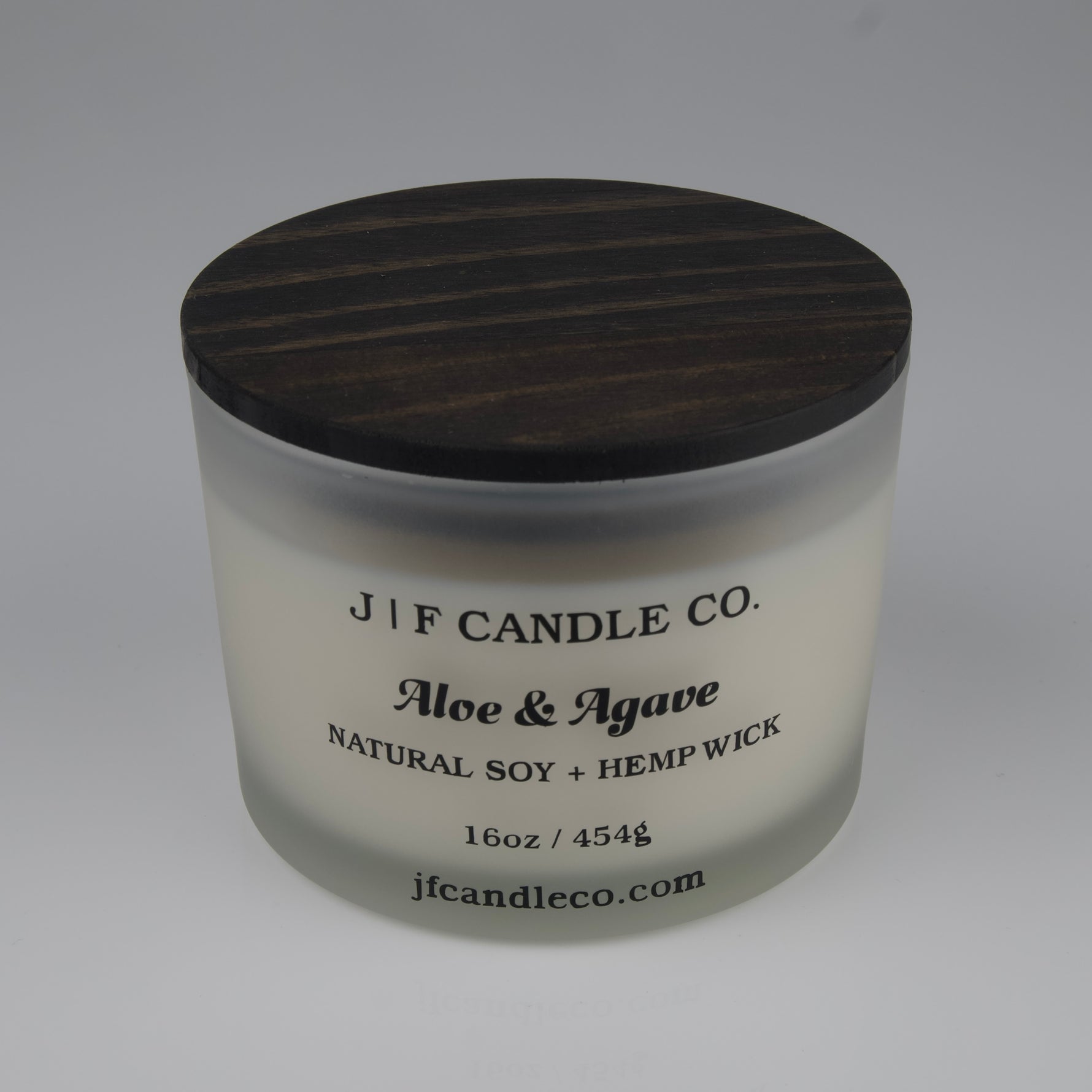 JF Candle Co. Aloe and agave candle 16oz, soy wax and 3 hemp wicks, frosted glass jar with wooden lid
