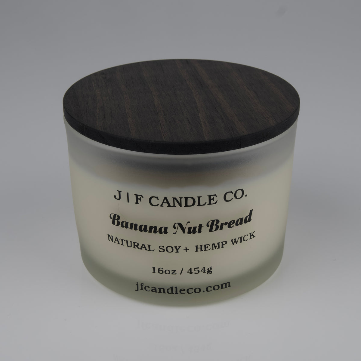 JF Candle Co. Banana Nut Bread candle 16oz, soy wax and hemp wick, frosted glass jar with wooden lid
