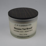 JF Candle Co. Banana Nut Bread candle 16oz, soy wax and hemp wick, frosted glass jar with wooden lid