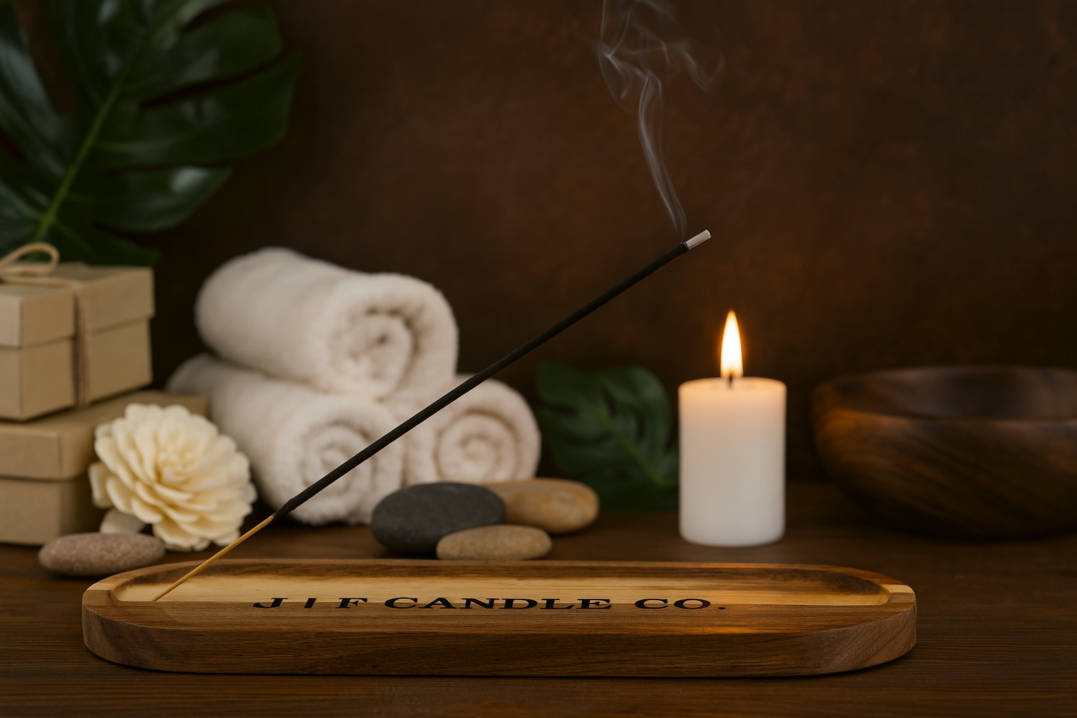 A spa-inspired flat lay features a wooden incense tray with black vinyl lettering that reads "JF CANDLE CO." A burning incense stick rests in the tray, releasing a delicate curl of smoke. Around the tray are calming spa elements: rolled white towels, a white faux flower, smooth massage stones, a lit white candle, kraft gift boxes, a large monstera leaf, and a warm wooden bowl—all set against a rich brown background, creating a luxurious and serene atmosphere.