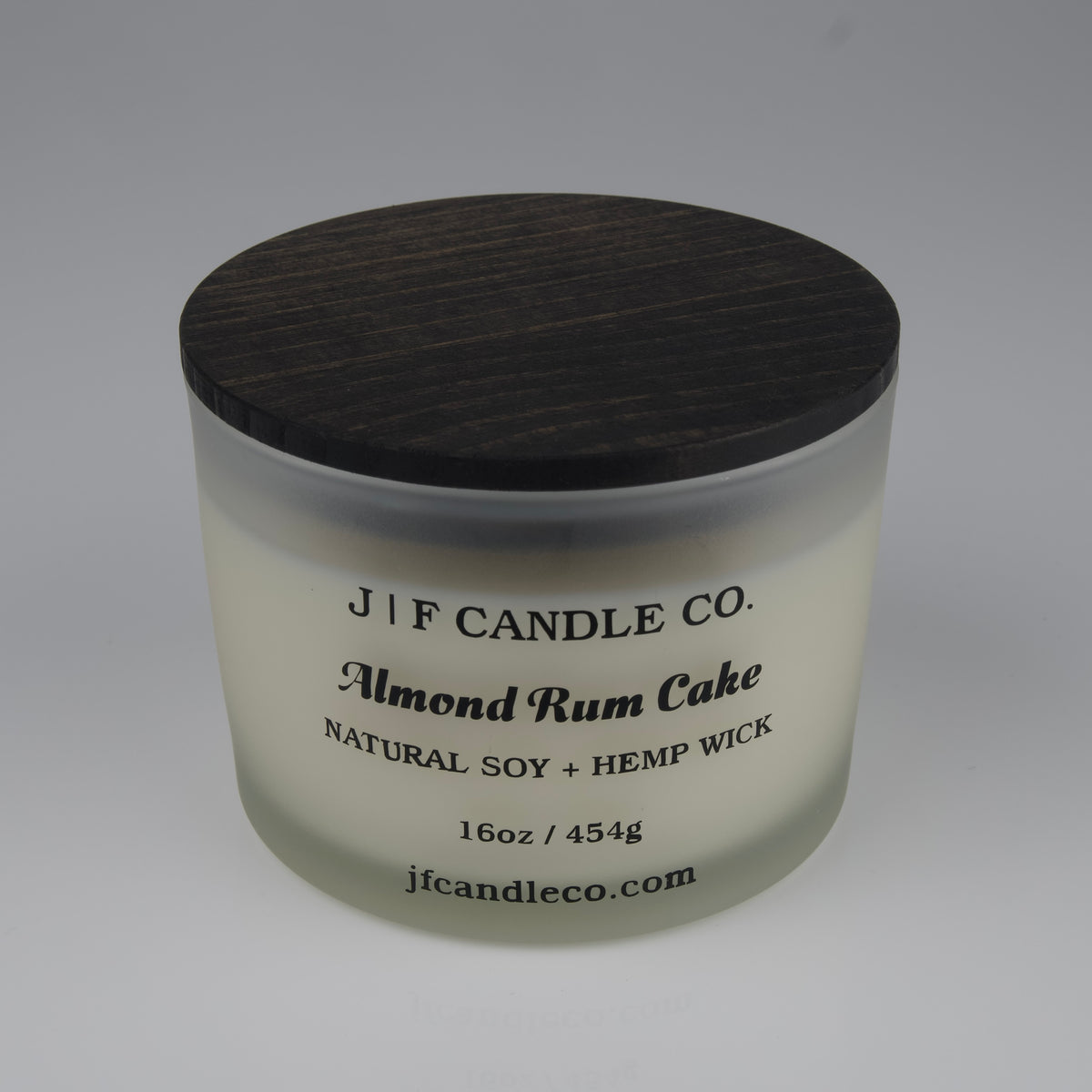 JF Candle Co. Almond Rum Cake candle 16oz, soy wax and 3 hemp wicks, frosted glass jar with wooden lid