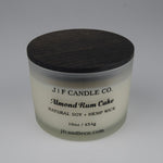 JF Candle Co. Almond Rum Cake candle 16oz, soy wax and 3 hemp wicks, frosted glass jar with wooden lid