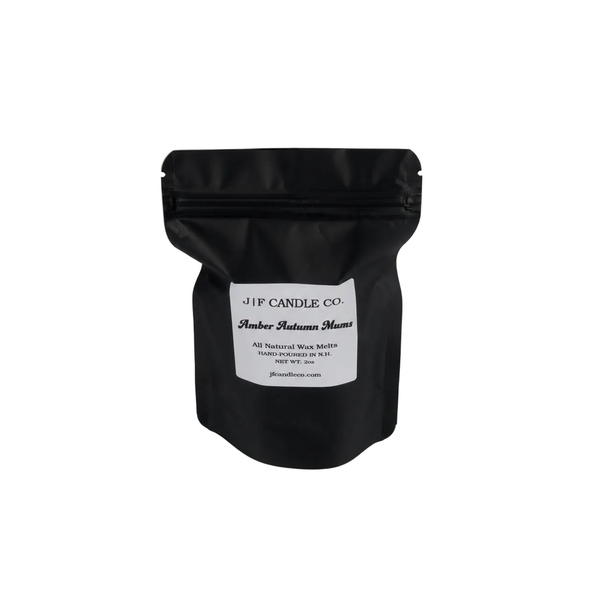 Amber Autumn Mums 2 oz soy wax melts in a black resealable JF Candle Co. pouch with a clear window.
