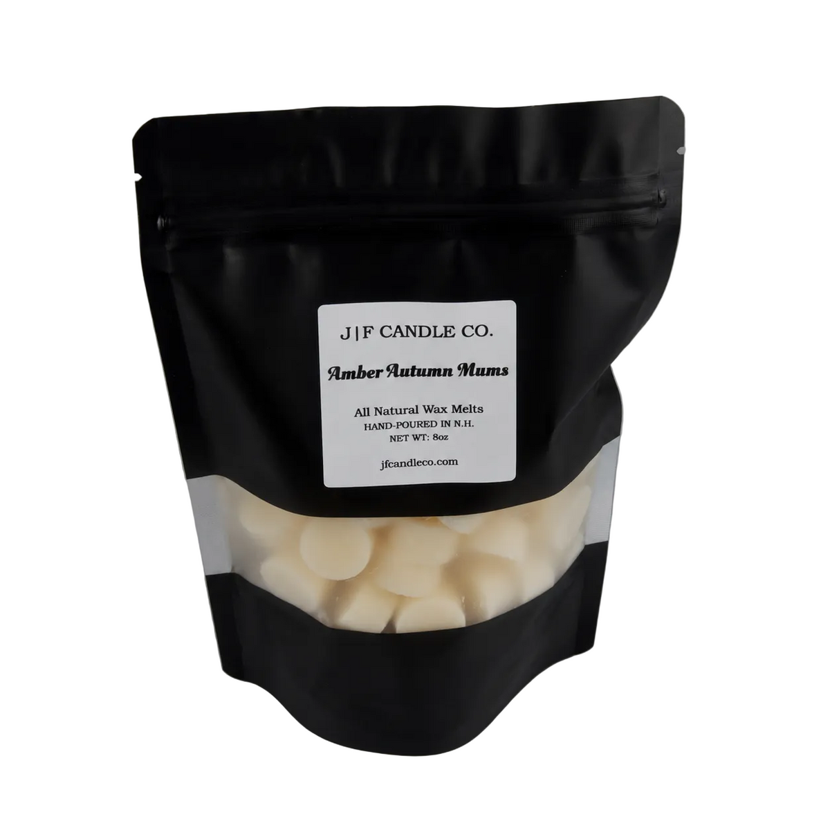 Amber Autumn Mums 8 oz soy wax melts in a black resealable JF Candle Co. pouch with a clear window.