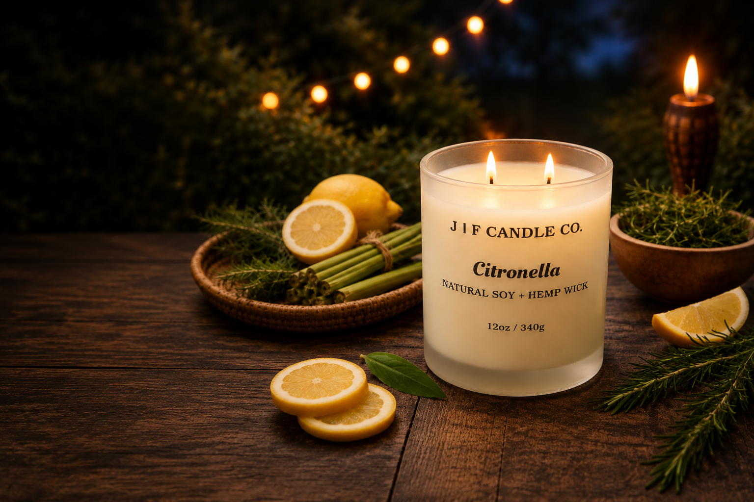 Double-wick citronella soy candle in a frosted glass jar on a rustic outdoor table with lemons, herbs, warm string lights, and evening garden ambiance.