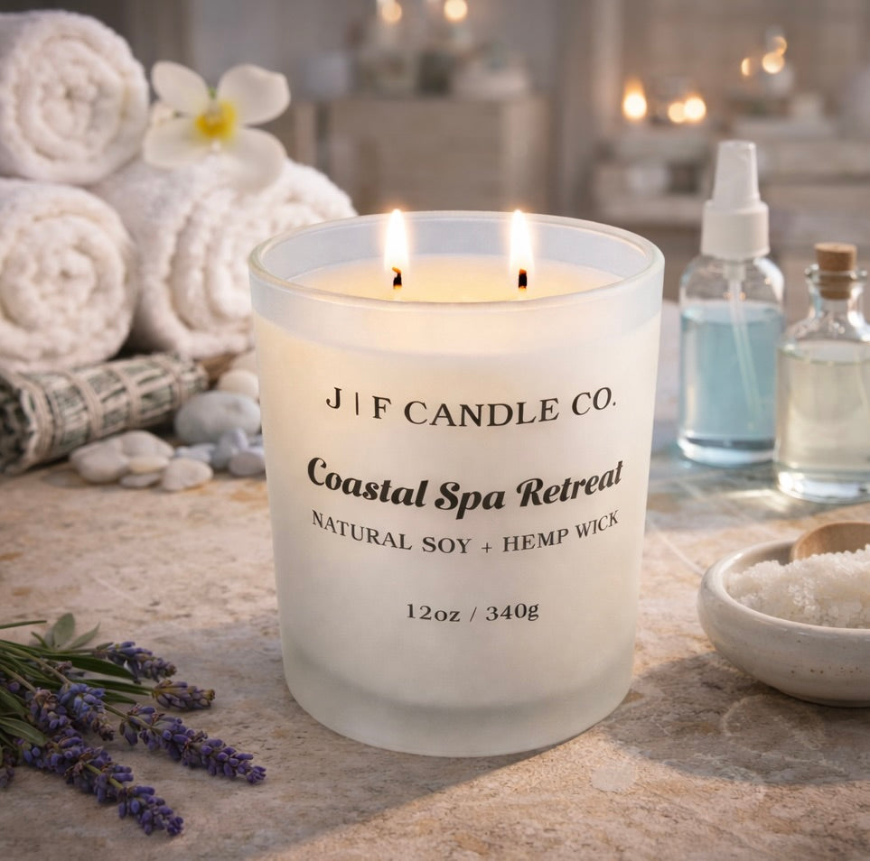 Double wick Coastal Spa Retreat candle by J | F Candle Co. lit on a stone surface in a serene spa setting, styled with rolled towels, lavender, bath salts, and glass apothecary bottles for a calm, luxury atmosphere.