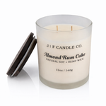 J | F Candle Co Almond Rum Cake luxury soy candle 12 oz frosted glass double hemp wick with wooden lid