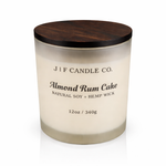 J | F Candle Co Almond Rum Cake luxury soy candle 12 oz frosted glass jar with wooden lid