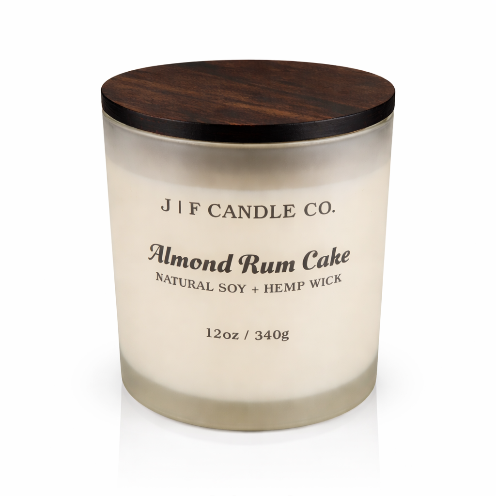 J | F Candle Co Almond Rum Cake luxury soy candle 12 oz frosted glass jar with wooden lid