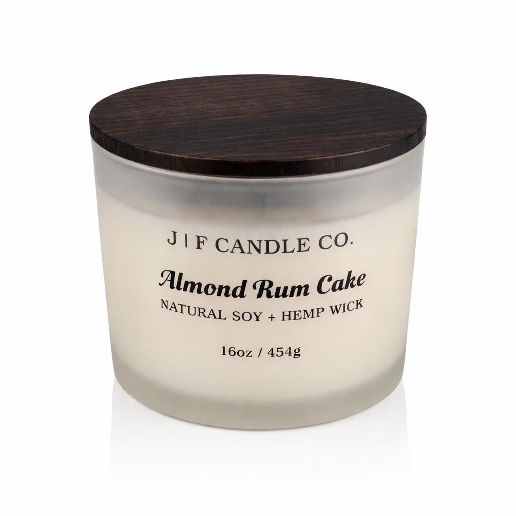 J | F Candle Co Almond Rum Cake luxury soy candle 16 oz frosted glass jar with wooden lid