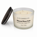 J | F Candle Co Almond Rum Cake luxury soy candle 16 oz three wick frosted glass jar with wooden lid