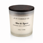 J | F Candle Co Aloe & Agave luxury soy candle 12 oz with wooden lid in frosted glass jar on clean white background
