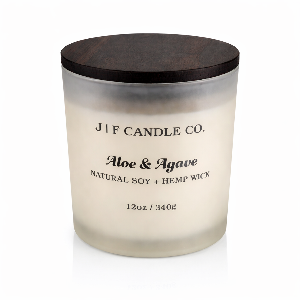 J | F Candle Co Aloe & Agave luxury soy candle 12 oz with wooden lid in frosted glass jar on clean white background