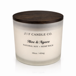 J | F Candle Co Aloe & Agave luxury soy candle 16 oz with wooden lid in frosted glass jar on clean white background