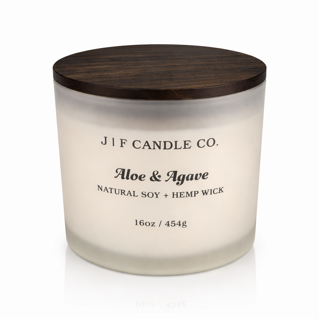 J | F Candle Co Aloe & Agave luxury soy candle 16 oz with wooden lid in frosted glass jar on clean white background