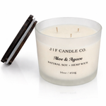 J | F Candle Co Aloe & Agave luxury soy candle 16 oz with three wicks and open wooden lid in frosted glass jar on white background