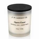 J | F Candle Co. Azure Coast 12oz frosted glass soy candle with clean white background and soft reflection.
