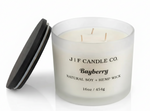 16 oz Bayberry soy candle in a frosted glass jar with wooden lid resting on jar a white background with soft reflection, by J | F Candle Co.