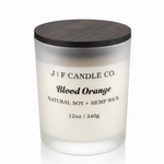 J | F Candle Co. Blood Orange luxury soy candle in frosted glass jar with wooden lid
