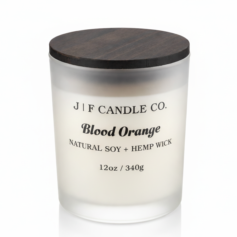 J | F Candle Co. Blood Orange luxury soy candle in frosted glass jar with wooden lid