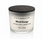 J | F Candle Co. Blood Orange 16 oz luxury soy candle in frosted glass jar with wooden lid