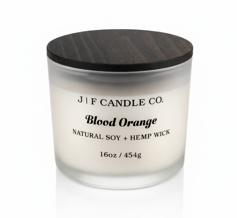 J | F Candle Co. Blood Orange 16 oz luxury soy candle in frosted glass jar with wooden lid