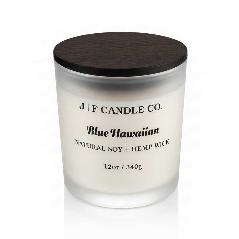 J | F Candle Co. Blue Hawaiian 12 oz luxury soy candle in frosted glass jar with wooden lid