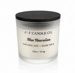 J | F Candle Co. Blue Hawaiian 16 oz luxury soy candle in frosted glass jar with wooden lid