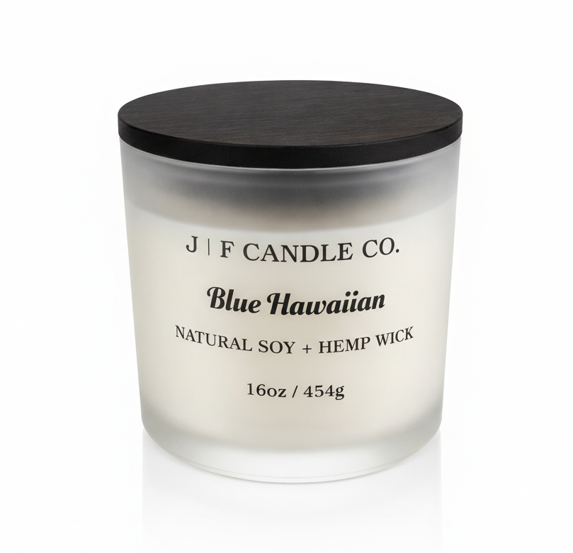 J | F Candle Co. Blue Hawaiian 16 oz luxury soy candle in frosted glass jar with wooden lid