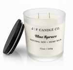 J | F Candle Co. Blue Spruce 12 oz natural soy candle in frosted glass jar with wooden lid resting on jar