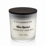 J | F Candle Co. Blue Spruce 12 oz natural soy candle in frosted glass jar with wooden lid
