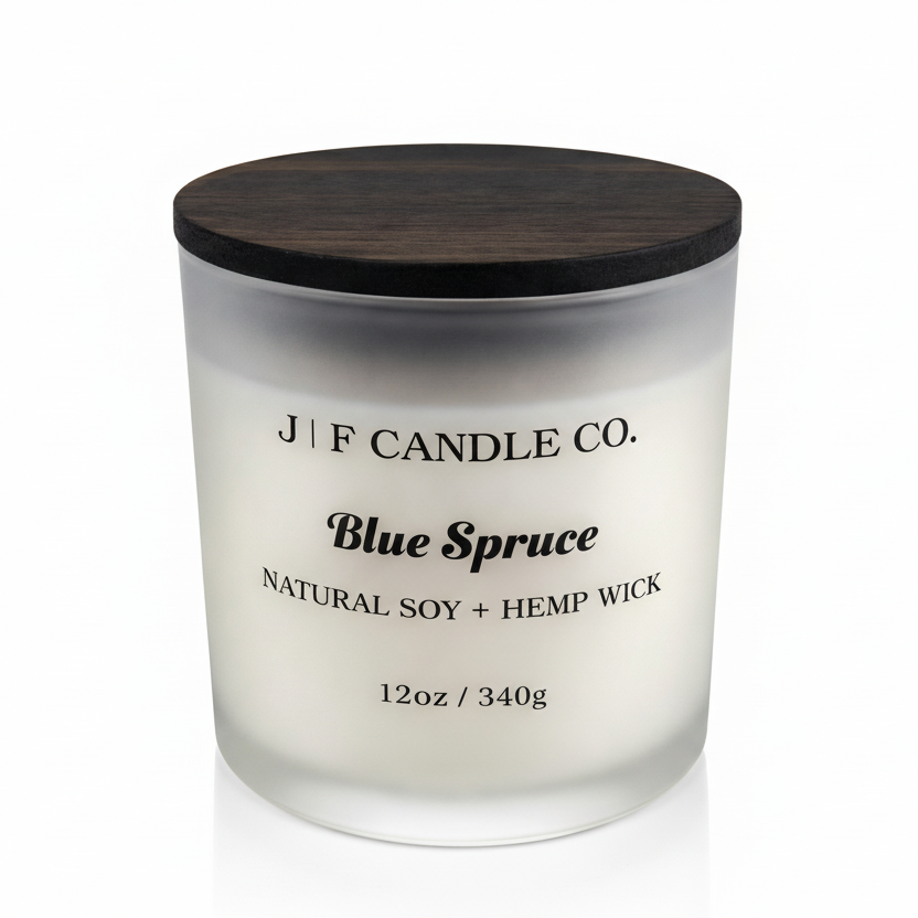 J | F Candle Co. Blue Spruce 12 oz natural soy candle in frosted glass jar with wooden lid
