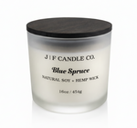 J | F Candle Co. Blue Spruce 16 oz natural soy candle in frosted glass jar with wooden lid