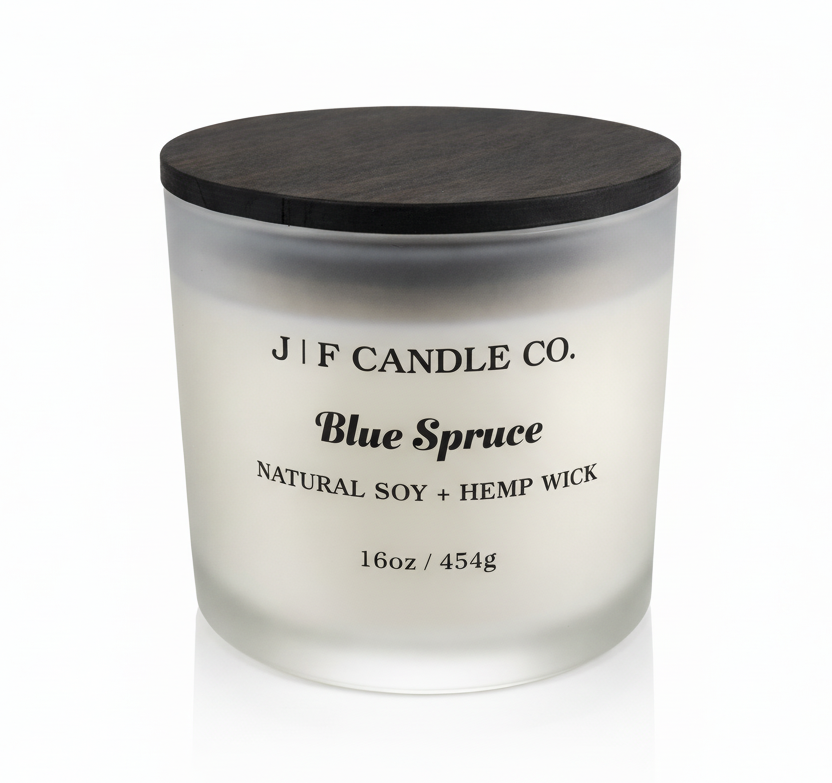 J | F Candle Co. Blue Spruce 16 oz natural soy candle in frosted glass jar with wooden lid