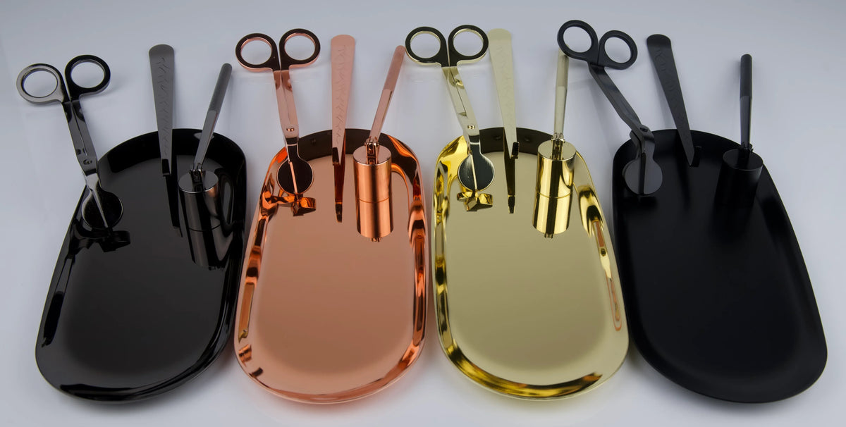 Candle Care Kit 4-in-1 accessory set with wick trimmer, snuffer, dipper, and storage tray by J | F Candle Co