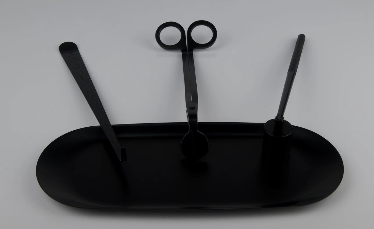 Candle Care Kit accessories by J | F Candle Co with candle tools and storage tray for trimming, snuffing, and wick care