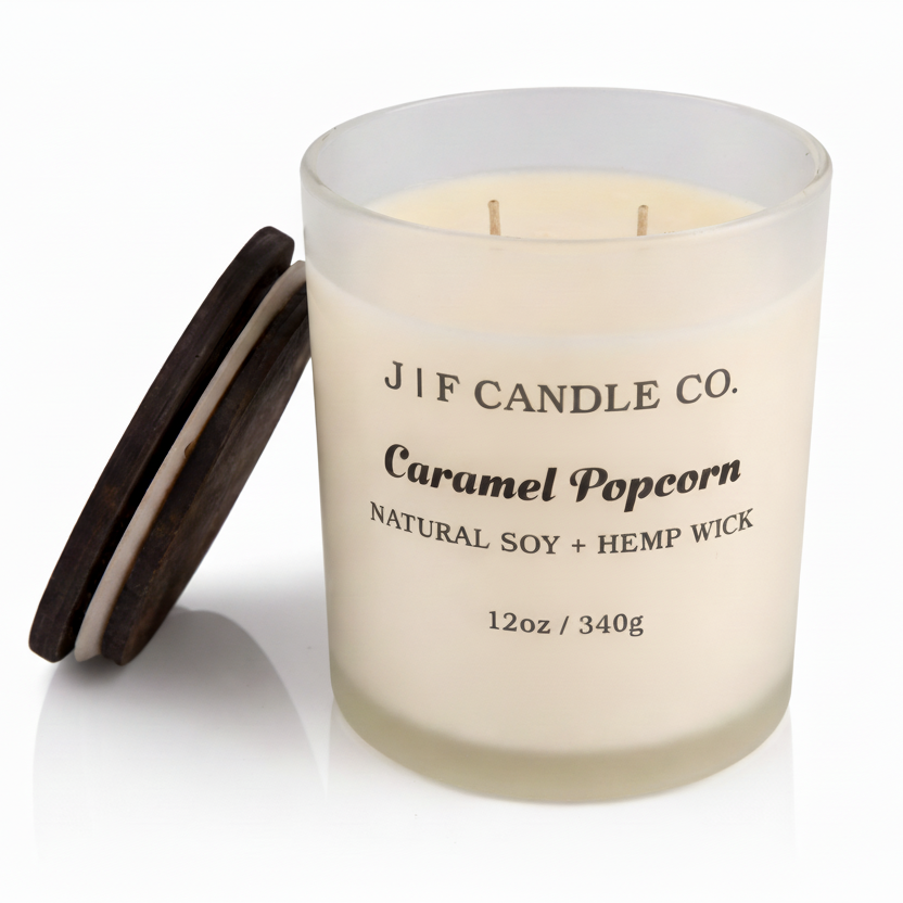 J | F Candle Co. Caramel Popcorn 12 oz natural soy candle with lid off in frosted glass jar and soft reflection on clean white background