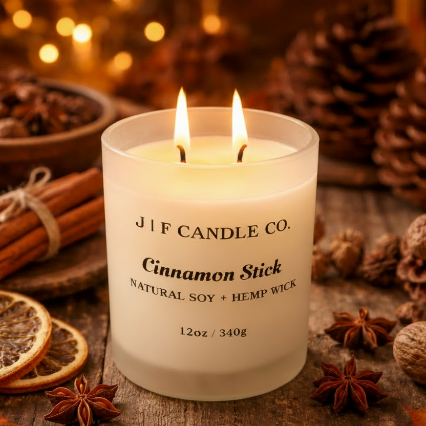 J | F Candle Co. Cinnamon Stick soy candle with a lit wick in a frosted glass jar, styled on a rustic wood surface with cinnamon sticks, dried orange slices, pinecones, and warm autumn lighting
