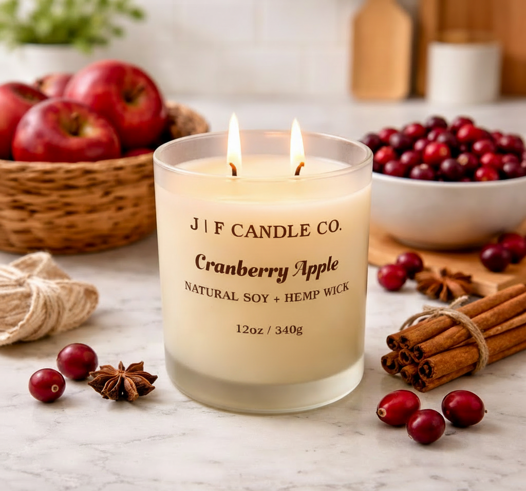 Lit JF Candle Co. Cranberry Apple soy candle styled in a warm home setting