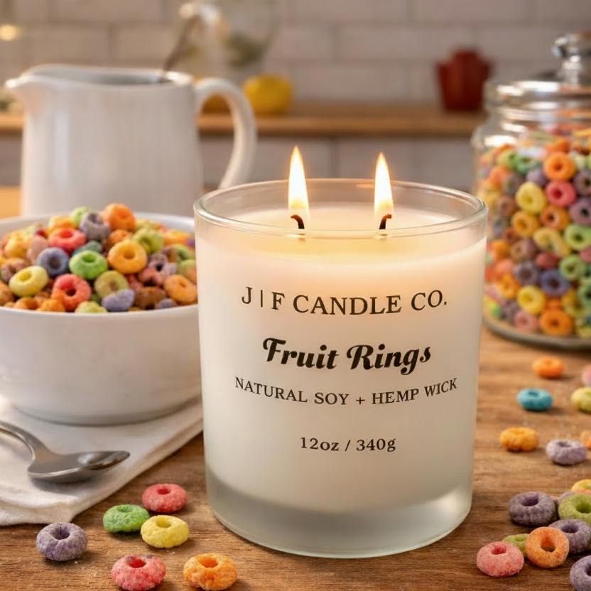 J | F Candle Co. Fruit Rings soy candle with a lit wick in a frosted glass jar, styled on a kitchen countertop with colorful fruit cereal, a bowl of cereal, and a glass jar of cereal in a warm, playful setting
